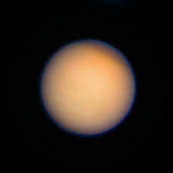 Color-composite of Titan made from raw Cassini images acquired on April 13, 2013 (added 4/17) NASA/JPL/SSI. Composite by J. Major.