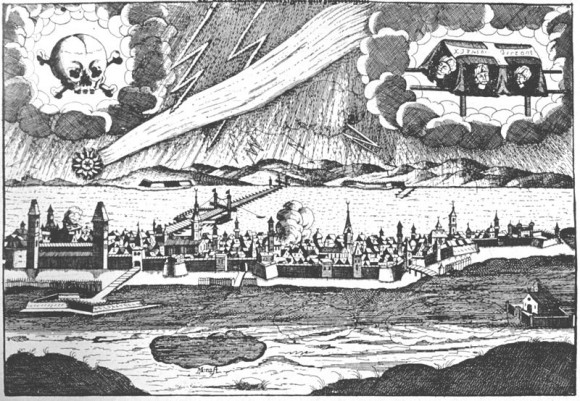 You get the idea... a 1687 leaflet depicting the havoc that a comet is sure to bring. (Wikimedia Commons image in the Public Domain).