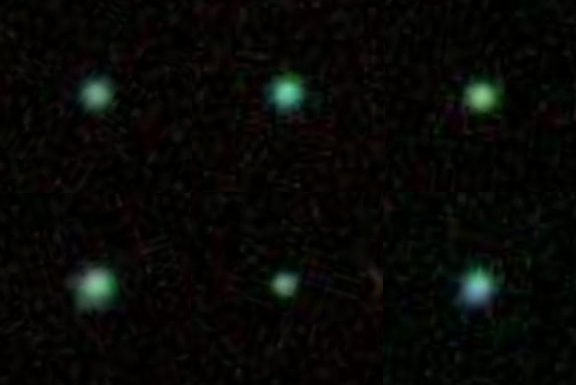 A montage of the six Green Pea galaxies that University of Michigan astronomy researchers studied. Image credit: Anne Jaskot