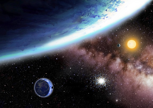 The newly discovered planets named Kepler-62e and -f are super-Earths in the habitable zone of a distant sun-like star. The largest planet in the image, Kepler-62f, is farthest from its star and covered by ice. Kepler-62e, in the foreground, is nearer to its star and covered by dense clouds. Closer in orbits a Neptune-size ice giant with another small planet transiting its star. Both habitable-zone planets may be capable of supporting life. Credit: David A. Aguilar (CfA)