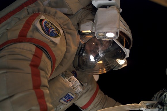 Pavel Vinogradov during a 2006 spacewalk. Friday will mark the seventh spacewalk for the veteran Russian cosmonaut. Credit: NASA