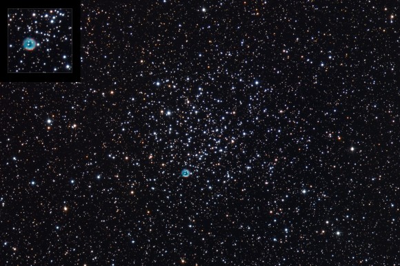 The planetary nebula NGC 2438 and the open cluster M46 form a chance superposition along the sight-line. In actuality, the radial velocities of the objects do not match, thereby indicating that they are not physically associated (image credit: Roth Ritter/APOD).