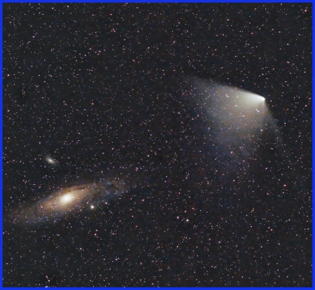 13 frame stack of Comet PanSTARRS and the Andromedaa Galaxy on April 2, 2013 as seen over Leitrim, Ireland. Canon 200mm. Credit and copyright: Martin Campbell.