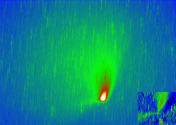 Comet C/2011 L4 PanSTARRS in false color, 'sigma combined and rotational gradient filter (inset) C8 @ f/2 85mins. exposure. April 19, 2013. Credit and copyright: David G. Strange.