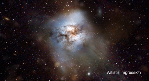 This artist's impression shows the "starburst" galaxy HFLS3. The galaxy appears as little more than a faint, red smudge in images from the Herschel space observatory. Image credit: ESA-C. Carreau.