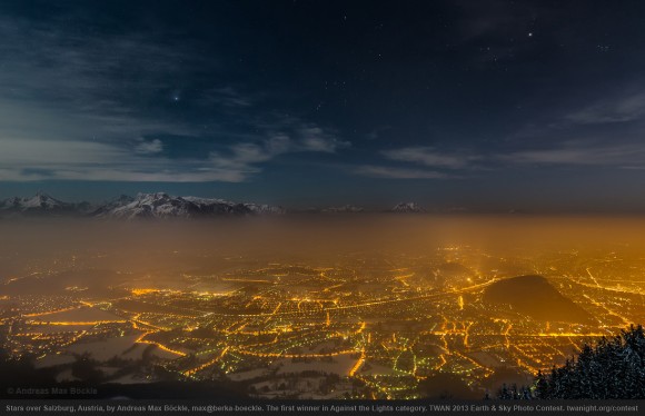 Stars over Salzburg, Austria by Andreas Max Böckle, the first winner in Against the Lights category in TWAN 2013 Earth & Sky Photo Contest.