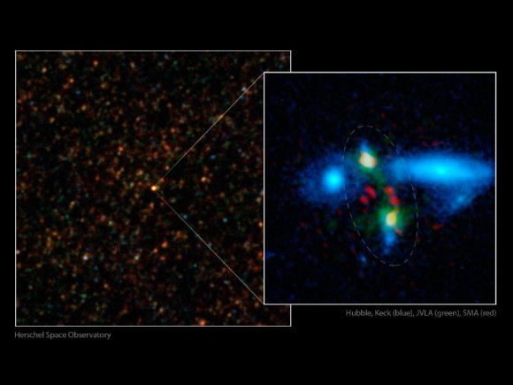 A rare and massive merging of two galaxies that took place when the Universe was just 3 billion years old.
