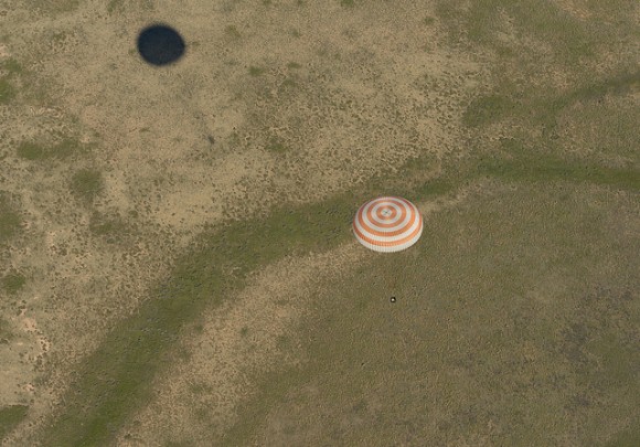 The Soyuz TMA-07M spacecraft is seen as it lands with the Expedition 35 crew. Photo Credit: (NASA/Carla Cioffi)