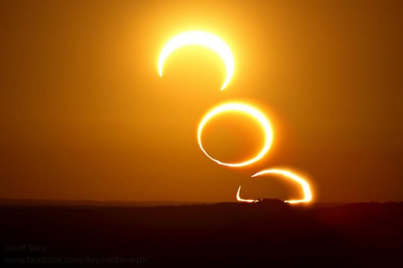 A three image sequence of the rising annular eclipse. Credit: Geoff Sims. (@beyond_beneath)