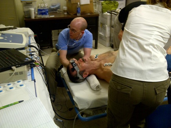 Hadfield getting checked out by doctors after his return. 'Wired head, chest, arms and feet, learning how the body works when it has been weightless for half a year,' Tweeted Hadfield.
