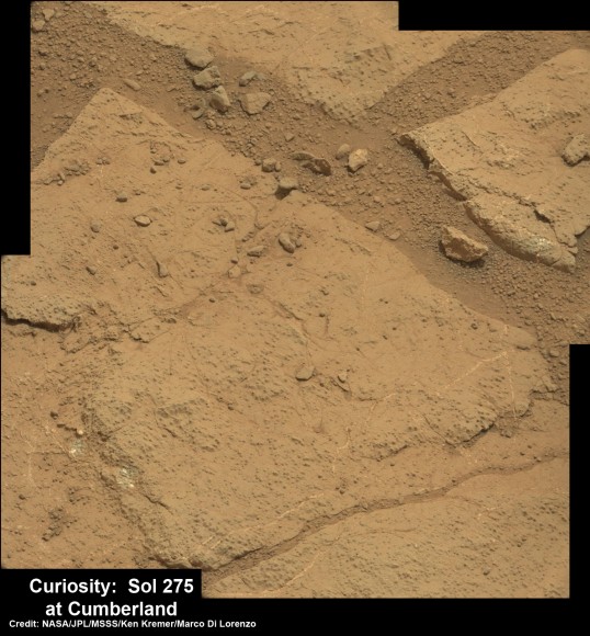High resolution close-up of Cumberland outcrop on Sol 275 (May 15, 2013). Photo mosaic of Mastcam 100 raw images. Credit: NASA/JPL-Caltech/MSSS/Ken Kremer/Marco Di Lorenzo