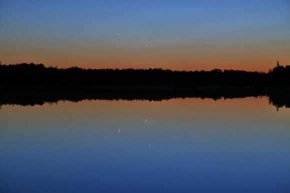 Jupiter, Venus and Mercury triple conjunction May 26 seen here reflecting off Chatsworth Lake in Chatsworth, NJ. Jupiter (on the left) was 2.4° from Mercury (upper-right in the sky) and 2.0° from Venus (bottom right in the sky), while Venus and Mercury were 1.9° apart. Venus was at 2.6° altitude. Canon EOS 6D, 105 mm focal length, 1.3 seconds, f/6.3, ISO 800. Credit: Joe Stieber - sjastro.org/