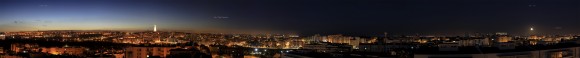 Panoramic view over Almada City and Lisbon at the Nautical Twilight, with the Full moon rising above the Eastern horizon (right side of the image), while at the same time but in the opposite direction, the planets Venus, Mercury and Jupiter, are aligned in a triangle formation, setting in the Western horizon (left side of the image).In this panoramic picture is also visible the smooth light transition in the sky, with the end of Nautical Twilight and the beginning of Astronomical Twilight (almost night), at right. Facing to North, is visible the great lighted Monument Christ the King and at the left side of it, part of the 25 April Bridge that connects Almada to Lisbon. Canon 50D - ISO200; f/4; Exp. 1,6 Sec; 35mm. Panoramic of 10 images with about 200º, taken at 21h42 in 25/05/2013. Credit: Miguel Claro - www.miguelclaro.com