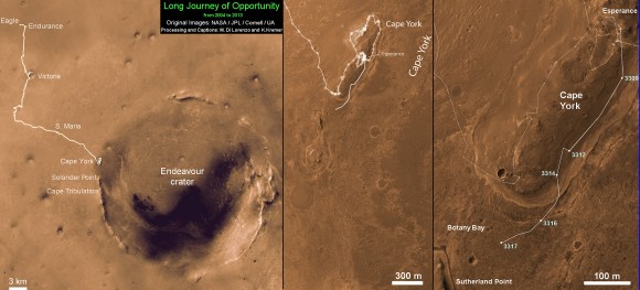 Traverse Map for NASA’s Opportunity rover from 2004 to 2013 to Record Setting Drive on May 15. This map shows the entire path the rover has driven during more than 9 years and over 3318 Sols, or Martian days, since landing inside Eagle Crater on Jan 24, 2004 to current location heading south to Solander Point from Cape York ridge at the western rim of Endeavour Crater. On May 15, 2013 Opportunity drove 263 feet (80 meters) southward - achieving a total traverse distance on Mars of 22.22 miles (35.76 kilometers) - and broke the driving record by any NASA vehicle that was previously held by the astronaut-driven Apollo 17 Lunar Rover in 1972. Credit: NASA/JPL/Cornell/ASU/Marco Di Lorenzo/Ken Kremer