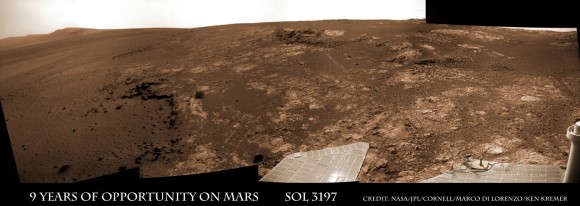 Opportunity rover discovered phyllosilicate clay minerals and calcium sulfate veins at the bright outcrops of ‘Whitewater Lake’, at right, imaged by the Navcam camera on Sol 3197 (Jan. 20, 2013, coinciding with her 9th anniversary on Mars. “Copper Cliff” is the dark outcrop, at top center. Darker “Kirkwood” outcrop, at left, is site of mysterious “newberries” concretions. This panoramic view was snapped from ‘Matijevic Hill’ on Cape York ridge at Endeavour Crater. Credit: NASA/JPL-Caltech/Cornell/Marco Di Lorenzo/Ken Kremer