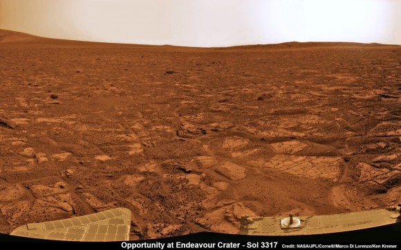 Opportunity captures the eerie Martian scenery looking south across Botany Bay from the southern tip of Cape York to her next destination - Solander Point, about 1 mile (1.6 km) away. This navcam photo mosaic was taken on Sol 3317, May 23, 2013. Credit: NASA/JPL/Cornell//Marco Di Lorenzo/Ken Kremer (kenkremer.com)