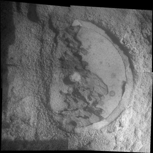 Close-Up of 'Esperance' After Abrasion by Opportunity This mosaic of four frames shot by the microscopic imager on the robotic arm of NASA's Mars Exploration Rover Opportunity shows a rock target called "Esperance" after some of the rock's surface had been removed by Opportunity's rock abrasion tool, or RAT. The component images were taken on Sol 3305 on Mars (May 11, 2013). The area shown is about 2.4 inches (6 centimeters) across. Credit: NASA/JPL-Caltech/Cornell/USGS