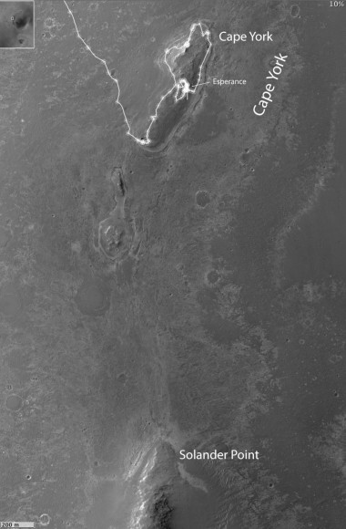 Opportunity Heads Toward Next Destination, 'Solander Point' This map of a portion of the western rim of Endeavour Crater on Mars shows the area where NASA's Mars Exploration Rover Opportunity worked for 20 months, "Cape York," in relation to the area where the rover team plans for Opportunity to spend its sixth Martian winter, "Solander Point." Credit: NASA/JPL-Caltech/Univ. of Arizona