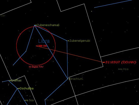 A closeup look at the passage of 1998 QE2, covering a 48 hour span centered on closest approach on May 31st. (Created by the author in Starry Night).