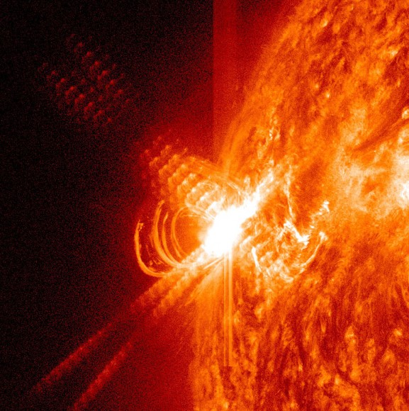 An X3.2-class flare observed by SDO's AIA instrument at 0114 UT on May 14 (NASA/SDO/AIA)