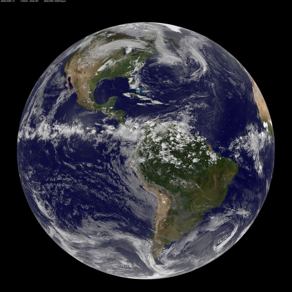 This full-disk view of Earth shows the formation of the Oklahoma tornado, from the Aqua satellite. Credit: NASA Goddard Space Flight Center.