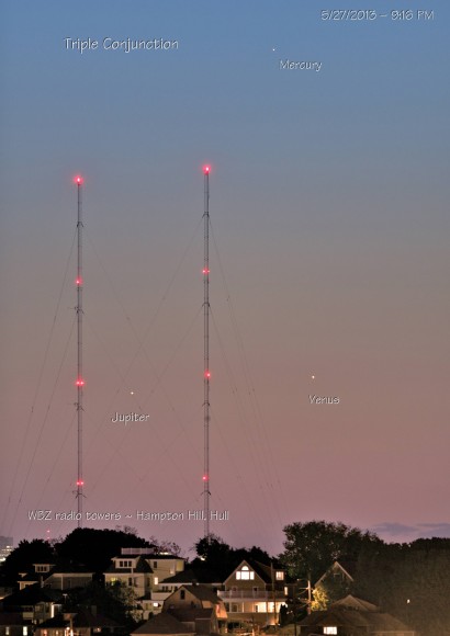 Triple conjunction on May 27 with WBZ radio towers south east of Boston. Hampton Hill, Hull, MA. Nikon D3x -iso200- 1.3 sec.at f2.8. Credit: Richard W. Green