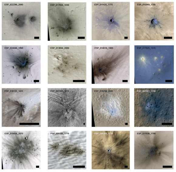 Examples of craters listed in the paper 'The Current Martian Cratering Rate.' Credit: NASA/JPL/Univ. of Arizona.