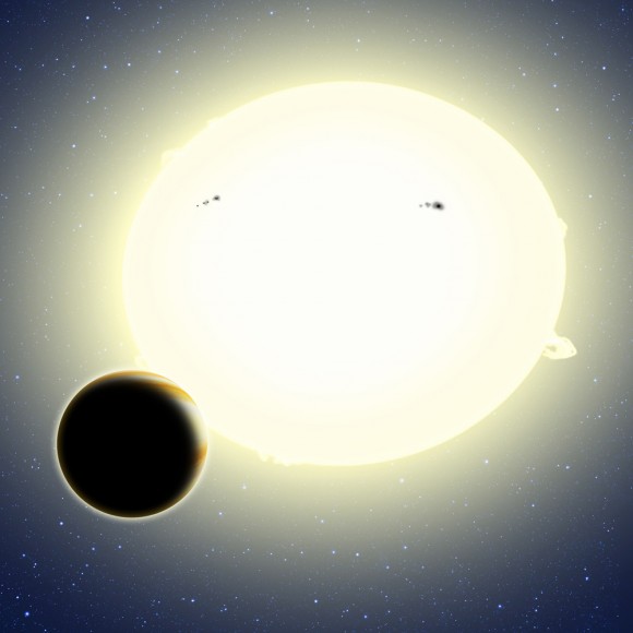 "Einstein's planet," formally known as Kepler-76b, is a "hot Jupiter" that orbits its star every 1.5 days. Its diameter is about 25 percent larger than Jupiter and it weighs twice as much. This artist's conception shows Kepler-76b orbiting its host star, which has been tidally distorted into a slight football shape (exaggerated here for effect). The planet was detected using the BEER algorithm, which looked for brightness changes in the star as the planet orbits due to relativistic BEaming, Ellipsoidal variations, and Reflected light from the planet. Credit: David A. Aguilar (CfA)