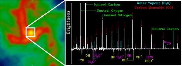 At left, ionized gas in the galaxy as seen in radio wavelengths; at right, the spectrum at the center seen by Herschel. Credit: Radio-wavelength image: National Radio Astronomy Observatory/Very Large Array (courtesy of C. Lang); spectrum: ESA/Herschel/PACS & SPIRE/J.R. Goicoechea et al. (2013).