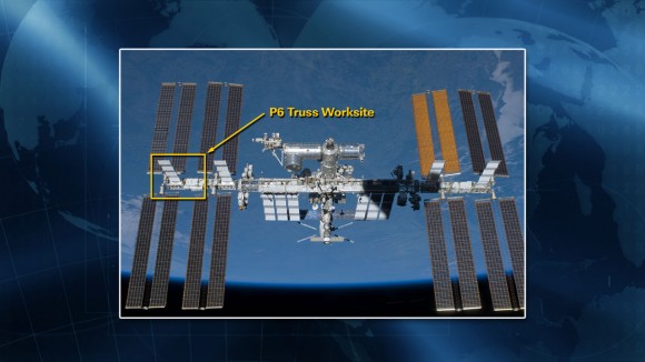 A slide showing the P6 Truss, the location of the coolant leak on the International Space Station. Credit: NASA.