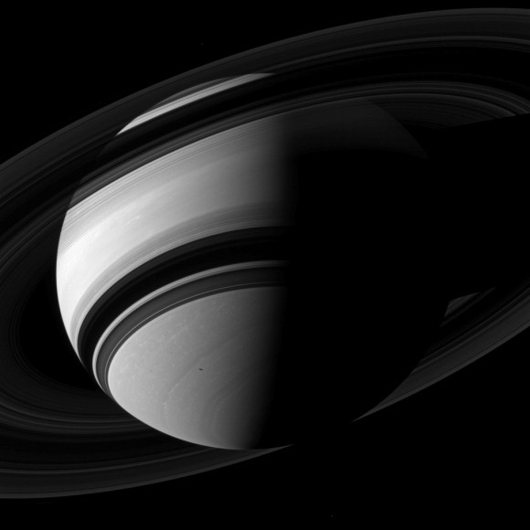 Saturn seen by the Cassini spacecraft in late 2012. If you look carefully, you can spot the shadow of Mimas in the image. Credit: NASA/JPL-Caltech/Space Science Institute