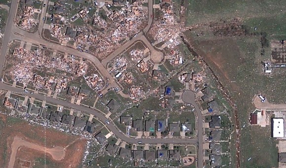 Sceenshot of a satellite view from Google/Digital Globe of the destruction in Moore, Oklahoma after the May 20, 2013 tornado. Click image to have access to an interactive, zoomable version via NPR.