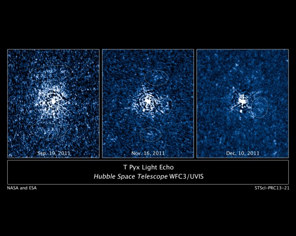 A sequence of images showing the light echo (circled) enshrouding T Pyxidis months after the April 2011 outburst. (Credit: NASA/ESA/A. Crotts/J. Sokoloski, H. Uthas & S. Lawrence).