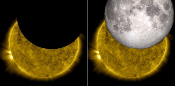 The image on the left is a view of the sun captured by NASA’s Solar Dynamics Observatory on Oct. 7, 2010, while partially obscured by the moon. Looking closely at the crisp horizon of the moon against the sun shows the outline of lunar mountains. A model of the moon from NASA’s Lunar Reconnaissance Orbiter has been inserted into a picture on the right, showing how perfectly the moon's true topography fits into the shadow observed by SDO. Credit: NASA/SDO/LRO/GSFC
