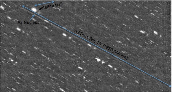 The dust tail on Asteroid P/2010 A2 (LINEAR) has grown to over 1 million kilometers long. Image taken with the new One Degree Imager (ODI), a wide field optical camera at the WIYN telescope on Kitt Peak.