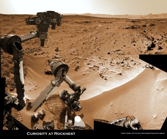 Time lapse context view of Curiosity maneuvering her robotic arm to conduct close- up examination of windblown ‘Rocknest’ ripple site. Curiosity inspects “bootlike” wheel scuff mark with the APXS (Alpha Particle X-Ray Spectrometer) and MAHLI (Mars Hand Lens Imager) instruments positioned on the rotatable turret at the arm’s terminus. Mosaic stitched from Navcam images on Sols 57 & 58 shows the arm in action just prior to 1st sample scooping here. Eroded rim of Gale Crater rim is visible on the horizon. Credit: NASA/JPL-Caltech/Ken Kremer (kenkremer.com)/Marco Di Lorenzo