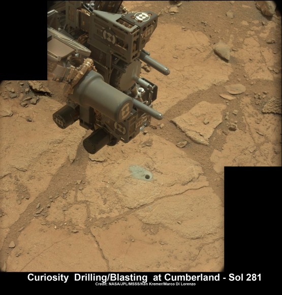 Curiosity’s hi tech ‘hand’ and percussion drill hovers above 2nd bore hole at Cumberland mudstone rock after penetrating laser blasting to unlock secrets of ancient flow of Martian water. Photo mosaic assembled from high resolution Mastcam images on May 21, 2013, Sol 281. Credit: NASA/JPL-Caltech/MSSS/Ken Kremer (kenkremer.com)/Marco Di Lorenzo