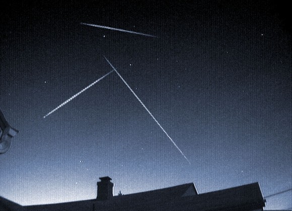 Bright meteors photographed in Ohio during the Eta Aquarid meteor shower in 2012. The Gamma Delphinids may send similar bright meteors our way tomorrow morning. Credit: John Chumack