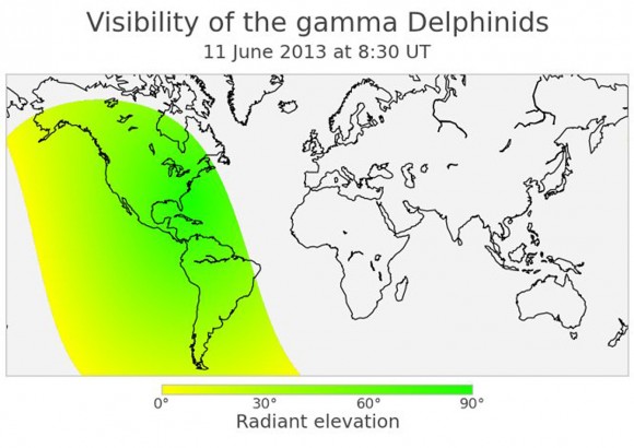 O mapa acima mostra a visibilidade em todo o mundo possível para o chuveiro Delphinid gama.  Visibilidade será melhor nas áreas verdes brilhantes, que têm a maior elevação radiante.  Áreas sem sombra no mapa não terá uma visão do chuveiro.  Crédito: Geert Barentsen, Organização Internacional de Meteoros
