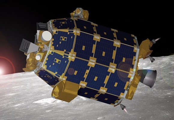 An Artist's concept of LADEE in orbit around the Moon. (Credit: NASA Ames).