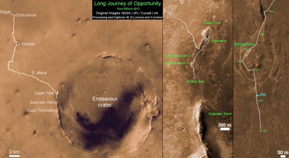Traverse Map for NASA’s Opportunity rover from 2004 to 2013. This map shows the entire path the rover has driven during more than 9 years and over 3360 Sols, or Martian days, since landing inside Eagle Crater on Jan 24, 2004 to current location heading south to Solander Point from Cape York ridge at the western rim of Endeavour Crater. Credit: NASA/JPL/Cornell/ASU/Marco Di Lorenzo/Ken Kremer