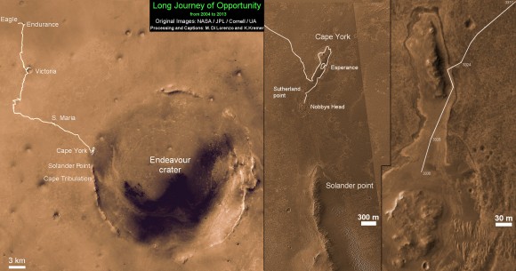 Traverse Map for NASA's Opportunity rover from 2004 to 2013. This map shows the entire path the rover has driven during more than 9 years and over 3330 Sols, or Martian days, since landing inside Eagle Crater on Jan 24, 2004 to current location heading south to Solander Point from  Cape York ridge at the western rim of Endeavour Crater.  Credit: NASA/JPL/Cornell/ASU/Marco Di Lorenzo/Ken Kremer