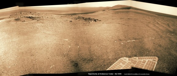 Wide angle view of Endeavour Crater showing Solander Point and Cape Tribulation in this photo mosaic captured by navcam camera on Sol 3335, June 11, 2013.  Opportunity will scale Solander after arriving in August 2013 in search of chemical ingredients to sustain Martian microbes.  Credit: NASA/JPL/Cornell/Marco Di Lorenzo/Ken Kremer (kenkremer.com)  