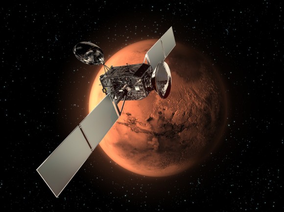 ExoMars 2016 Mission to the Red Planet. It consists of two spacecraft - the Trace Gas Orbiter (TGO) and the Entry, Descent and Landing Demonstrator Module (EDM) which will land. Credit: ESA
