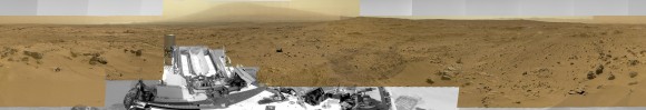 Billion-Pixel View From Curiosity at Rocknest, Raw Color. This full-circle, reduced view combined nearly 900 images taken by NASA's Curiosity Mars rover, generating a panorama with 1.3 billion pixels in the full-resolution version. The view is centered toward the south, with north at both ends. It shows Curiosity at the "Rocknest" site where the rover scooped up samples of windblown dust and sand. Curiosity used three cameras to take the component images on several different days between Oct. 5 and Nov. 16, 2012. Credit: NASA/JPL-Caltech/MSSS