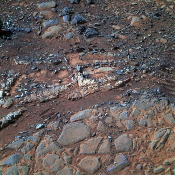 'Esperance' Target Examined by Opportunity in May 2013.  The  pale rock called "Esperance," has a high concentration of clay minerals formed in near neutral water indcating a spot favorable for life. Credit: NASA/JPL-Caltech/Cornell Univ./Arizona State Univ.