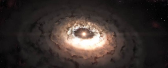 This artist’s impression shows the dust trap in the system Oph-IRS 48. The dust trap provides a safe haven for the tiny rocks in the disc, allowing them to clump together and grow to sizes that allow them to survive on their own. Credit: ESO/L. Calçada