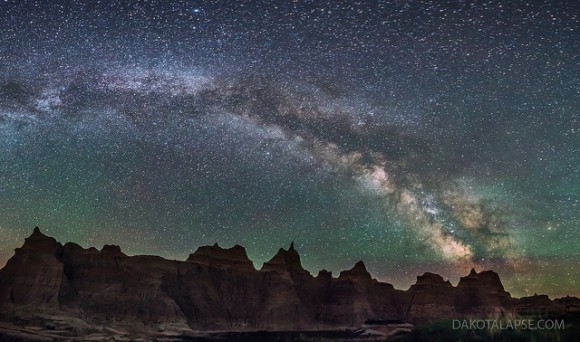 Three-image panorama of the Milky Way arching of the Badlands of South Dakota. Credit and copyright: Randy Halverson/Dakotalapse