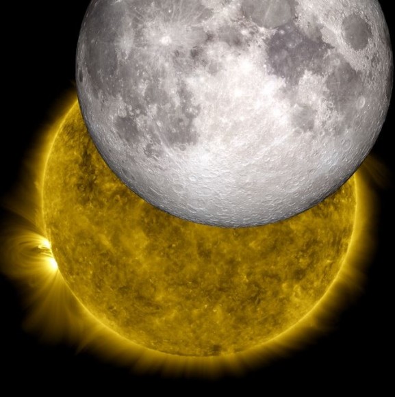 This is an image of a unique eclipse as viewed by NASA's Solar Dynamics Observatory, with a model of the moon from NASA's Lunar Reconnaissance Orbiter replacing the lunar shadow. Credit: NASA/SDO/LRO/GSFC