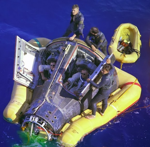 Neil Armstrong and David Scott in the Gemini VIII capsule, after splashdown, March 16, 1966. Credit: NASA.